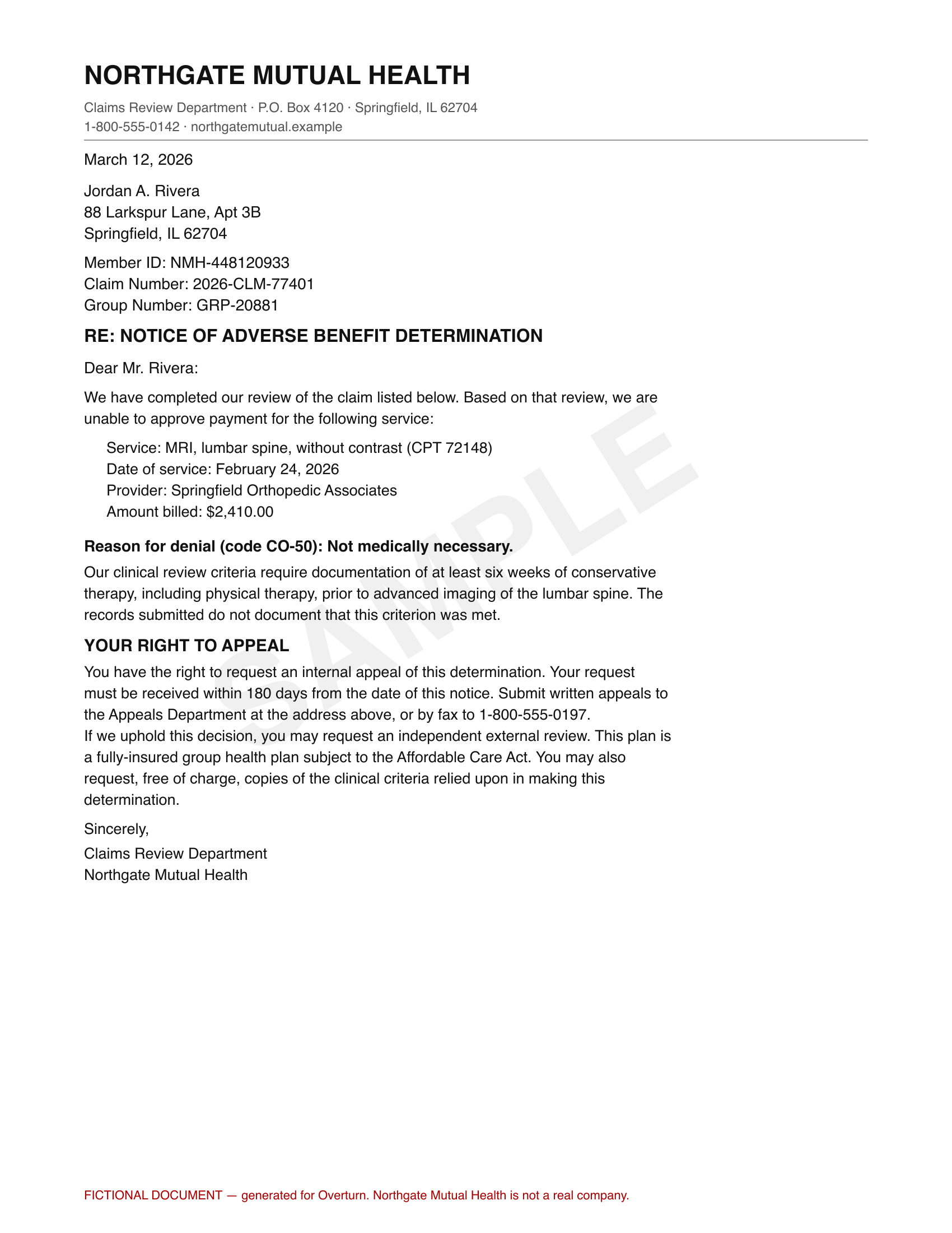 A sample denial notice from Northgate Mutual Health